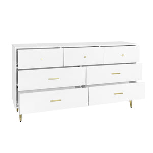 English Elm Seven Drawer Glam Dresser White Lacquer Mdf Body Gold Legs Bedroom Storage Chest W2139P143414