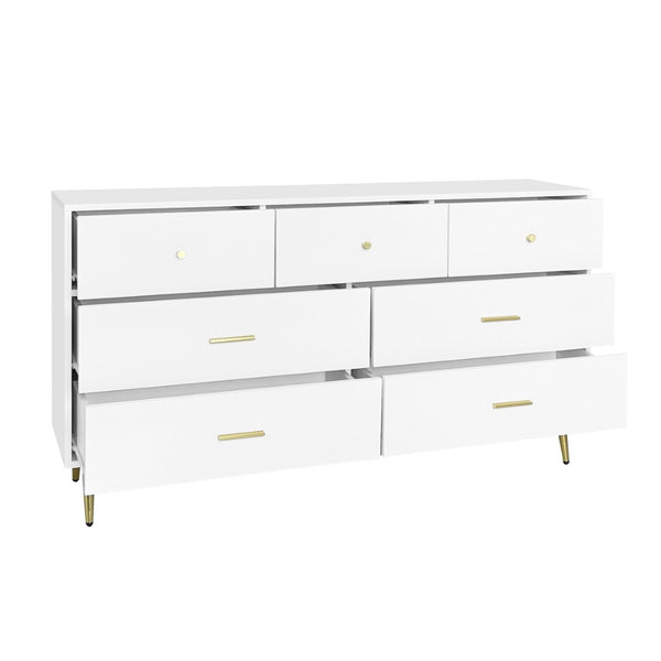 English Elm Seven Drawer Glam Dresser White Lacquer Mdf Body Gold Legs Bedroom Storage Chest W2139P143414