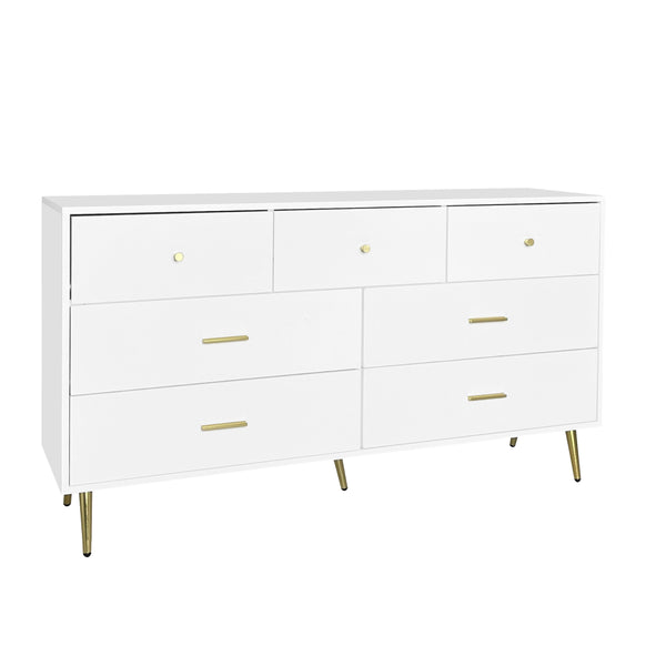 English Elm Seven Drawer Glam Dresser White Lacquer Mdf Body Gold Legs Bedroom Storage Chest W2139P143414