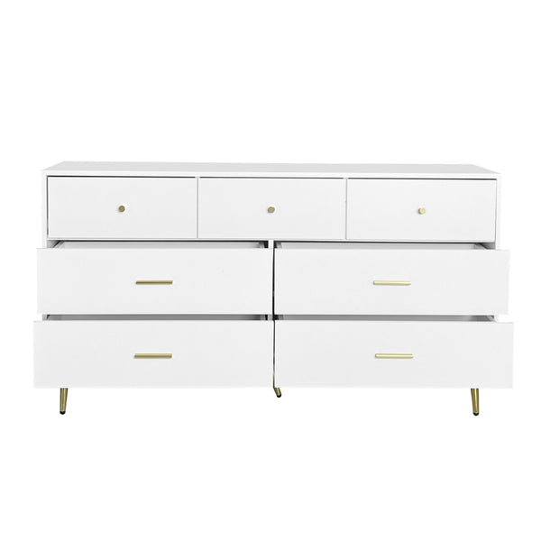 English Elm Seven Drawer Glam Dresser White Lacquer Mdf Body Gold Legs Bedroom Storage Chest W2139P143414