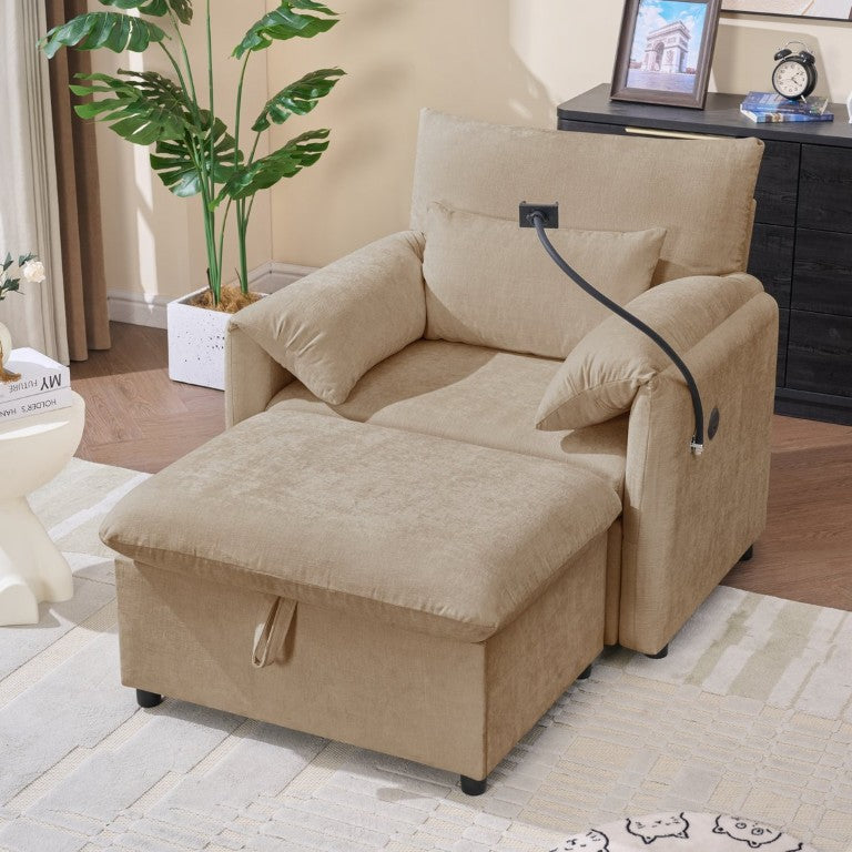English Elm Single Chenille Lounge Chair with Ottoman Folding Table and USB Charging for Living Room Coffee W2151P566243