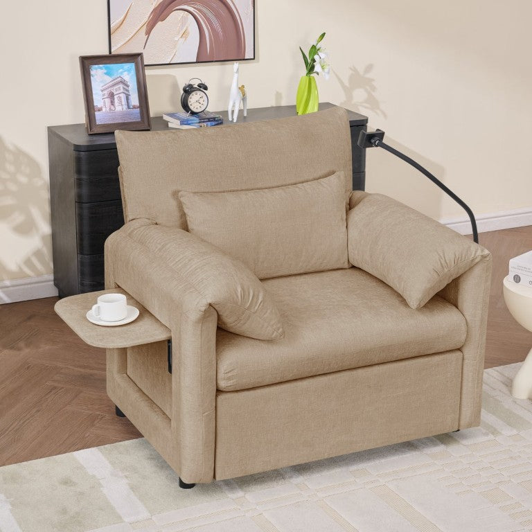English Elm Single Chenille Lounge Chair with Ottoman Folding Table and USB Charging for Living Room Coffee W2151P566243