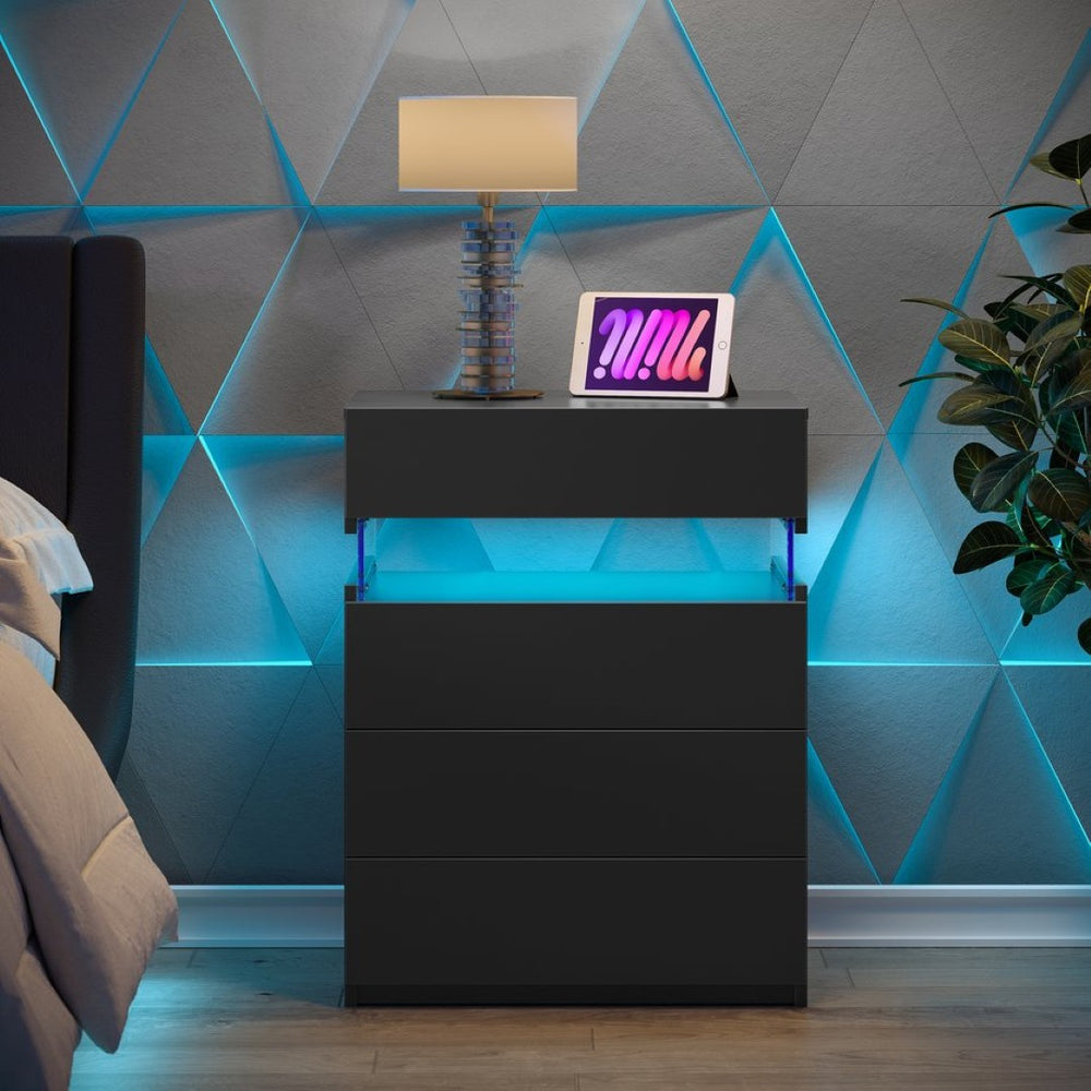 English Elm Nightstand 4 Drawer Matte Black with Frosted Acrylic Led Panel Modern Bedroom Storage W2178P246213