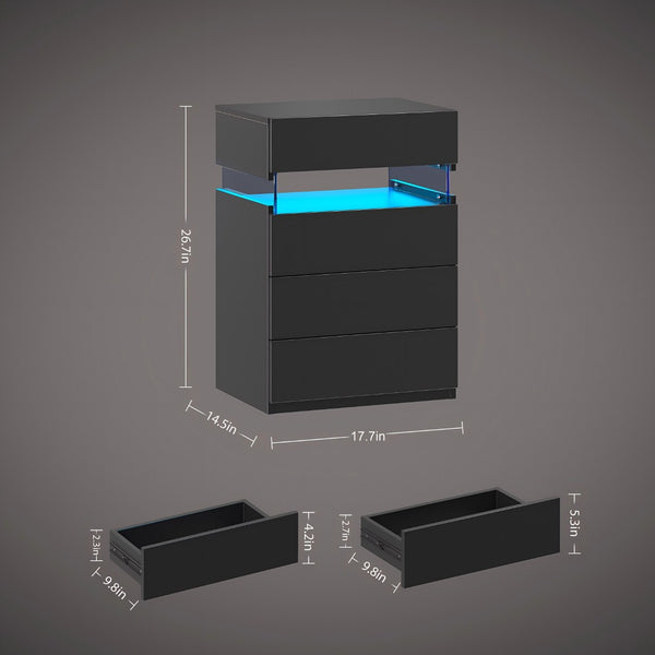 English Elm Nightstand 4 Drawer Matte Black with Frosted Acrylic Led Panel Modern Bedroom Storage W2178P246213