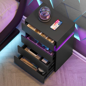 English Elm Nightstand 4 Drawer Matte Black with Frosted Acrylic Led Panel Modern Bedroom Storage W2178P246213