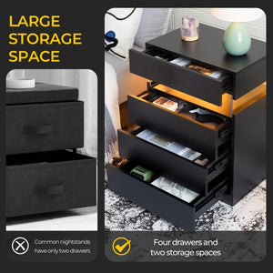 English Elm Nightstand 4 Drawer Matte Black with Frosted Acrylic Led Panel Modern Bedroom Storage W2178P246213