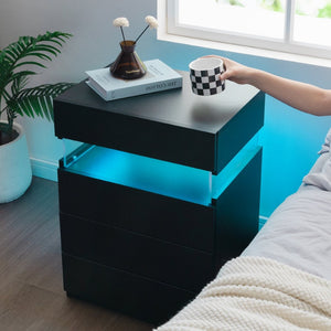 English Elm Nightstand 4 Drawer Matte Black with Frosted Acrylic Led Panel Modern Bedroom Storage W2178P246213