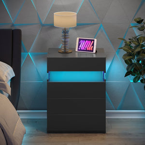 English Elm Nightstand 4 Drawer Matte Black with Frosted Acrylic Led Panel Modern Bedroom Storage W2178P246213