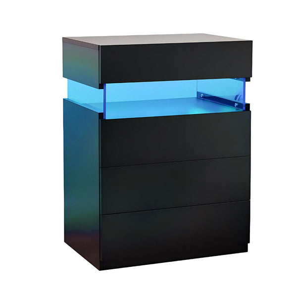 English Elm Nightstand 4 Drawer Matte Black with Frosted Acrylic Led Panel Modern Bedroom Storage W2178P246213