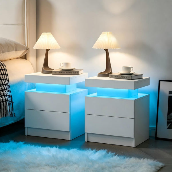 English Elm Nightstand with Led Lighting Two Drawer Walnut Finish Modern Bedside Storage Table White W2178P517190