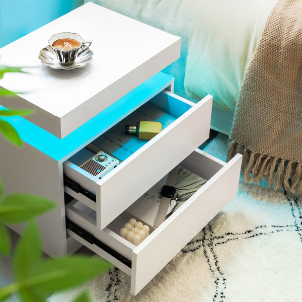 English Elm Nightstand with Led Lighting Two Drawer Walnut Finish Modern Bedside Storage Table White W2178P517190