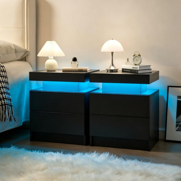 English Elm Nightstand with Led Lighting Two Drawer Walnut Finish Modern Bedside Storage Table Black W2178P517206