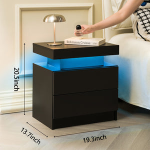 English Elm Nightstand with Led Lighting Two Drawer Walnut Finish Modern Bedside Storage Table Black W2178P517206