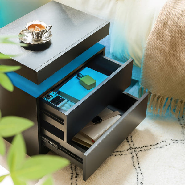 English Elm Nightstand with Led Lighting Two Drawer Walnut Finish Modern Bedside Storage Table Black W2178P517206