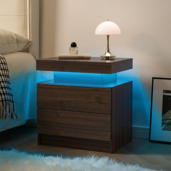 English Elm Nightstand with Led Lighting Two Drawer Walnut Finish Modern Bedside Storage Table W2178P534740