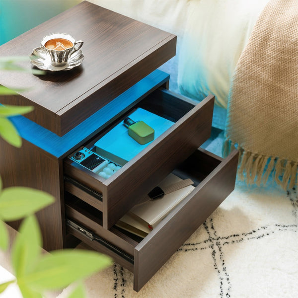 English Elm Nightstand with Led Lighting Two Drawer Walnut Finish Modern Bedside Storage Table W2178P534740
