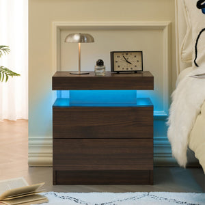 English Elm Nightstand with Led Lighting Two Drawer Walnut Finish Modern Bedside Storage Table W2178P534740
