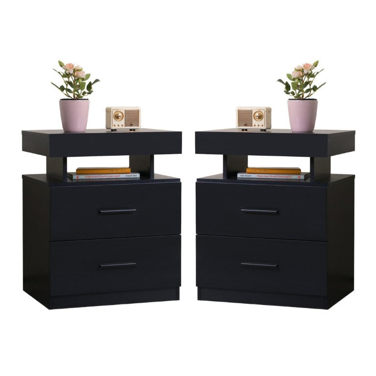 English Elm Led RGB Nightstand Pair Modern Fabric Drawer Bedside Tables with App Controlled Lighting W2178P543970