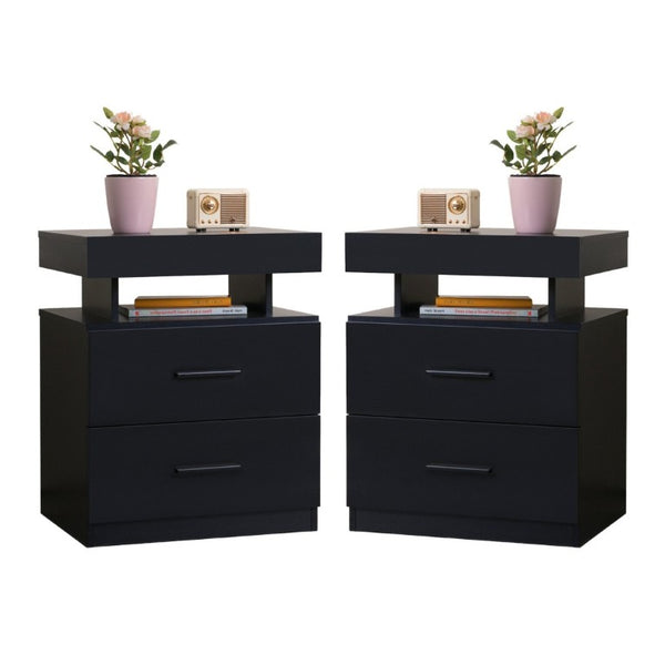 English Elm Led RGB Nightstand Pair Modern Fabric Drawer Bedside Tables with App Controlled Lighting W2178P543970
