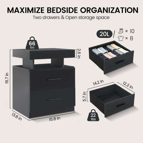 English Elm Led RGB Nightstand Pair Modern Fabric Drawer Bedside Tables with App Controlled Lighting W2178P543970
