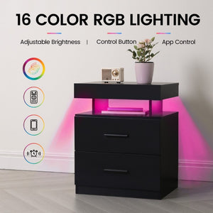 English Elm Led RGB Nightstand Pair Modern Fabric Drawer Bedside Tables with App Controlled Lighting W2178P543970