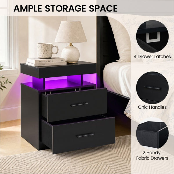 English Elm Led RGB Nightstand Pair Modern Fabric Drawer Bedside Tables with App Controlled Lighting W2178P543970