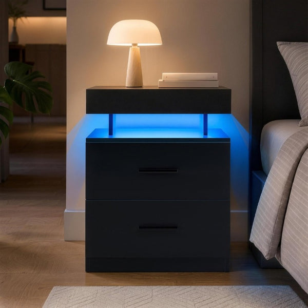 English Elm Led RGB Nightstand Pair Modern Fabric Drawer Bedside Tables with App Controlled Lighting W2178P543970
