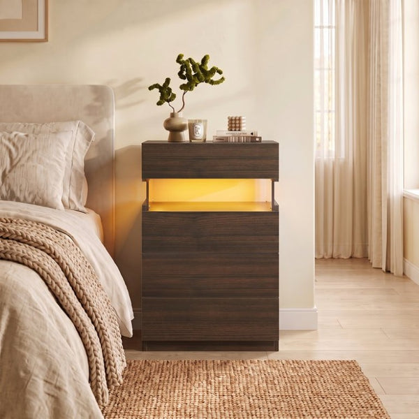 English Elm Nightstand with LED Ambient Lighting Four Drawers Walnut Finish Modern Bedroom Accent W2178P581127