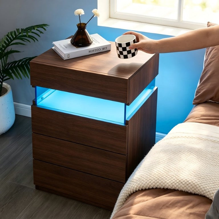 English Elm Nightstand with LED Ambient Lighting Four Drawers Walnut Finish Modern Bedroom Accent W2178P581127