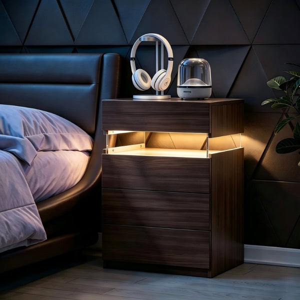 English Elm Nightstand with LED Ambient Lighting Four Drawers Walnut Finish Modern Bedroom Accent W2178P581127