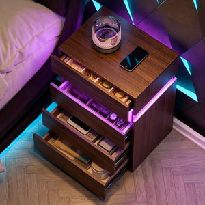 English Elm Nightstand with LED Ambient Lighting Four Drawers Walnut Finish Modern Bedroom Accent W2178P581127