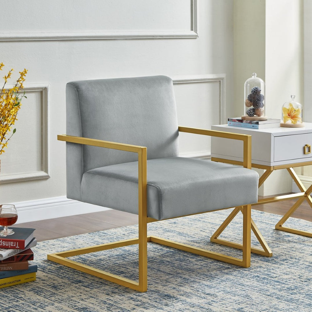 English Elm Fashion Velvet Accent Chair Gold Metal Base Glamorous Sculptural Living Room Seat Gray W2186P251460