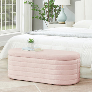 English Elm Modern Oval Teddy Fabric Storage Ottoman Bench with Hinged Lid for Bedroom Entryway Pink W2186P440507