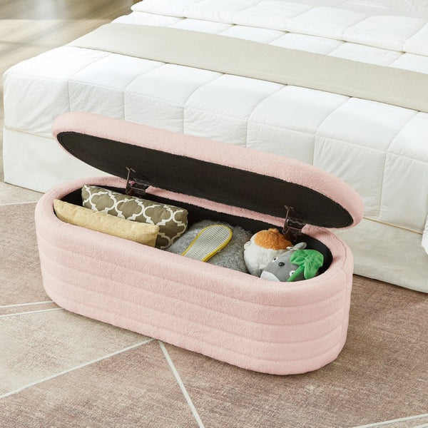 English Elm Modern Oval Teddy Fabric Storage Ottoman Bench with Hinged Lid for Bedroom Entryway Pink W2186P440507