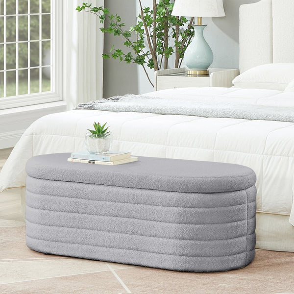 English Elm Modern Oval Teddy Fabric Storage Ottoman Bench with Hinged Lid for Bedroom Entryway Gray W2186P440508