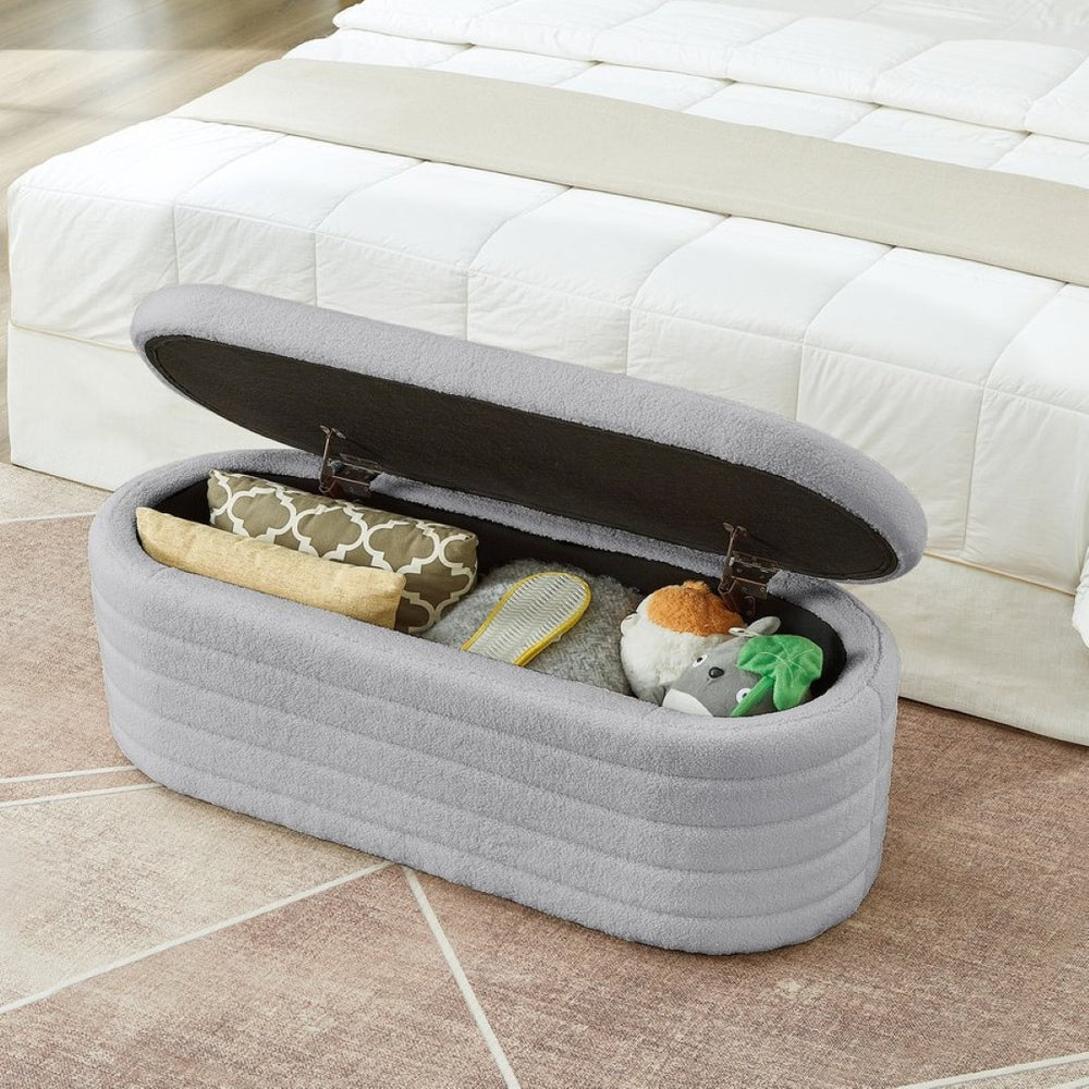 English Elm Modern Oval Teddy Fabric Storage Ottoman Bench with Hinged Lid for Bedroom Entryway Gray W2186P440508