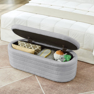 English Elm Modern Oval Teddy Fabric Storage Ottoman Bench with Hinged Lid for Bedroom Entryway Gray W2186P440508