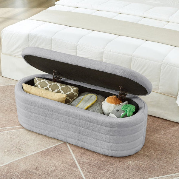 English Elm Modern Oval Teddy Fabric Storage Ottoman Bench with Hinged Lid for Bedroom Entryway Gray W2186P440508