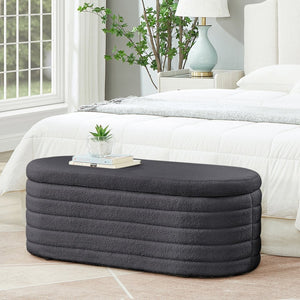 English Elm Modern Oval Teddy Fabric Storage Ottoman Bench with Hinged Lid for Bedroom Entryway Dark Gray W2186P440509