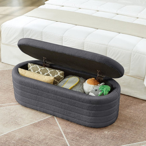 English Elm Modern Oval Teddy Fabric Storage Ottoman Bench with Hinged Lid for Bedroom Entryway Dark Gray W2186P440509