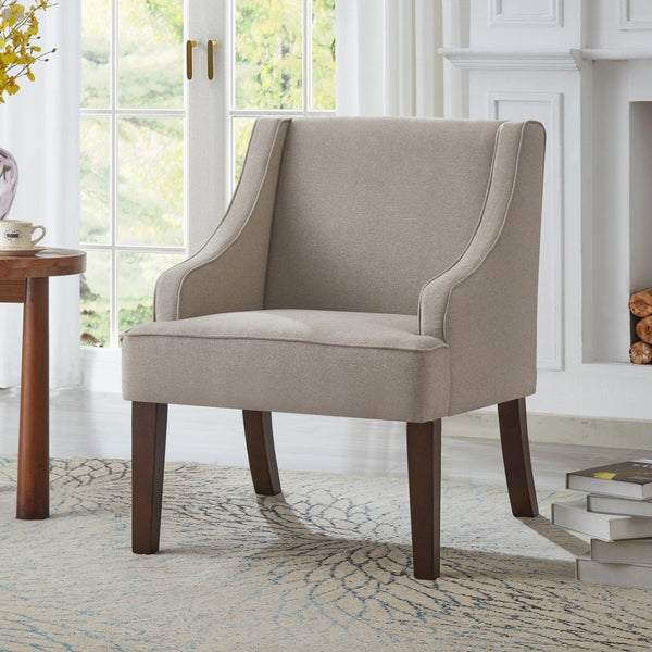 English Elm Mid Century Modern Wingback Armchair Linen Upholstery Splayed Wood Legs Lounge Seat Linen W2186P481730