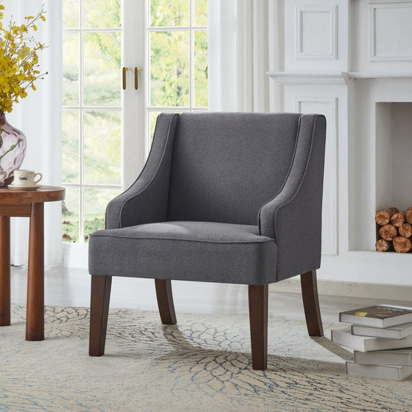 English Elm Mid Century Modern Wingback Armchair Linen Upholstery Splayed Wood Legs Lounge Seat Dark Gray W2186P481732