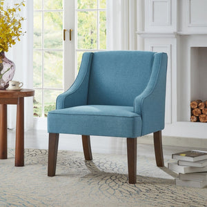 English Elm Mid Century Modern Wingback Armchair Linen Upholstery Splayed Wood Legs Lounge Seat Light Blue W2186P481734
