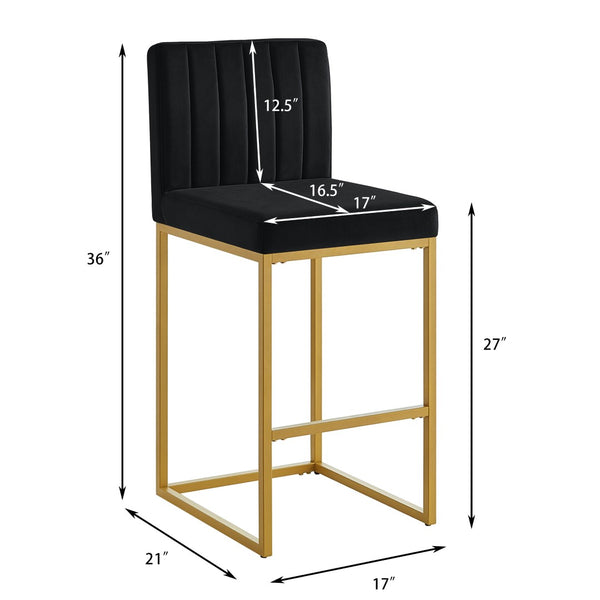 English Elm Modern Velvet Upholstered Counter Stools with Gold Iron Frame for Kitchen Island Set of 2 Black W2186P484162