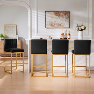 English Elm Modern Velvet Upholstered Counter Stools with Gold Iron Frame for Kitchen Island Set of 2 Black W2186P484162