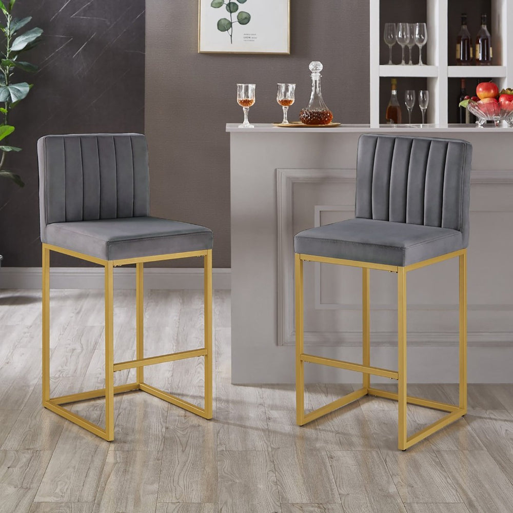 English Elm Modern Velvet Upholstered Counter Stools with Gold Iron Frame for Kitchen Island Set of 2 Gray W2186P484164