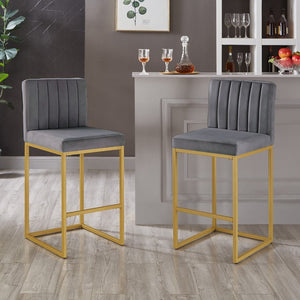 English Elm Modern Velvet Upholstered Counter Stools with Gold Iron Frame for Kitchen Island Set of 2 Gray W2186P484164