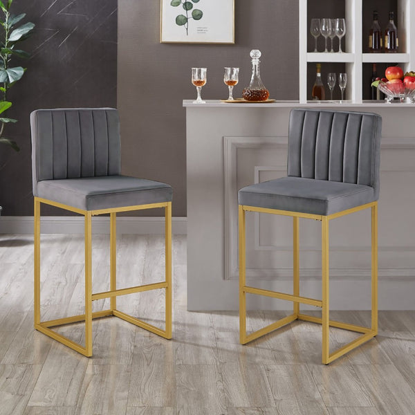 English Elm Modern Velvet Upholstered Counter Stools with Gold Iron Frame for Kitchen Island Set of 2 Gray W2186P484164