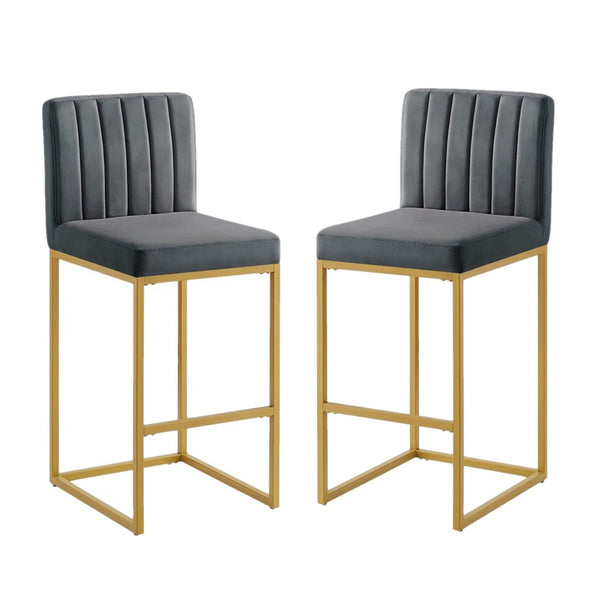 English Elm Modern Velvet Upholstered Counter Stools with Gold Iron Frame for Kitchen Island Set of 2 Gray W2186P484164