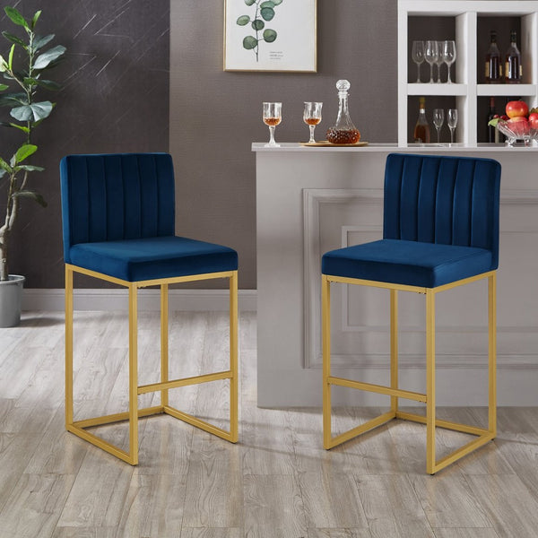 English Elm Modern Velvet Upholstered Counter Stools with Gold Iron Frame for Kitchen Island Set of 2 Navy W2186P484165